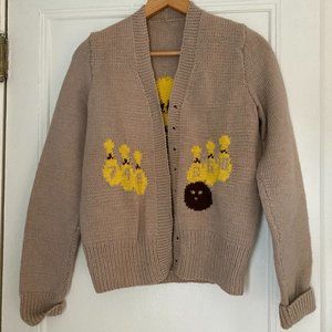 Vintage hand knit wool sweater with bowling designs. Size small